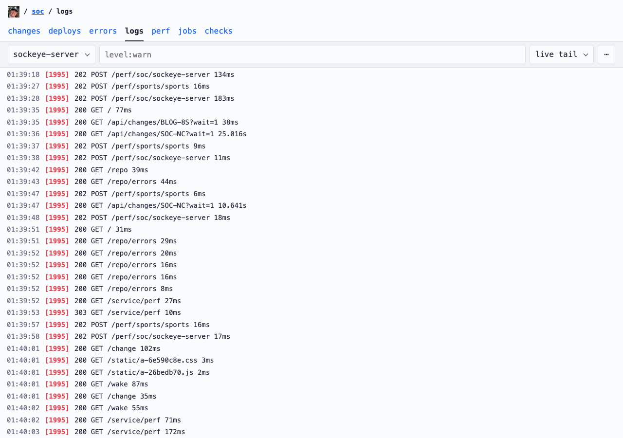 The logs page in live tail: one request line per row, with the time, the server process, the status, the path, and the duration