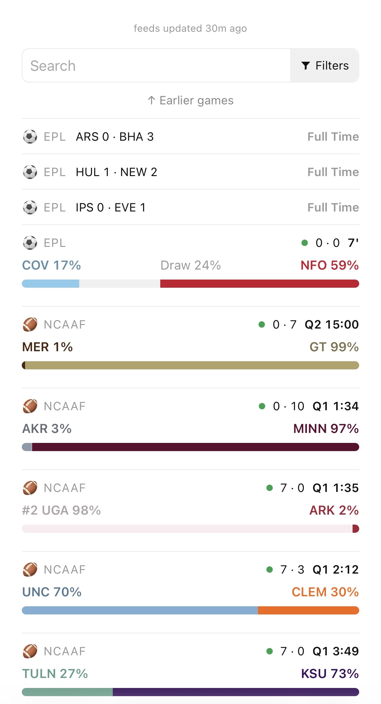The board on a phone: a row for each game, with the league, the score, the clock, and a two-color probability bar