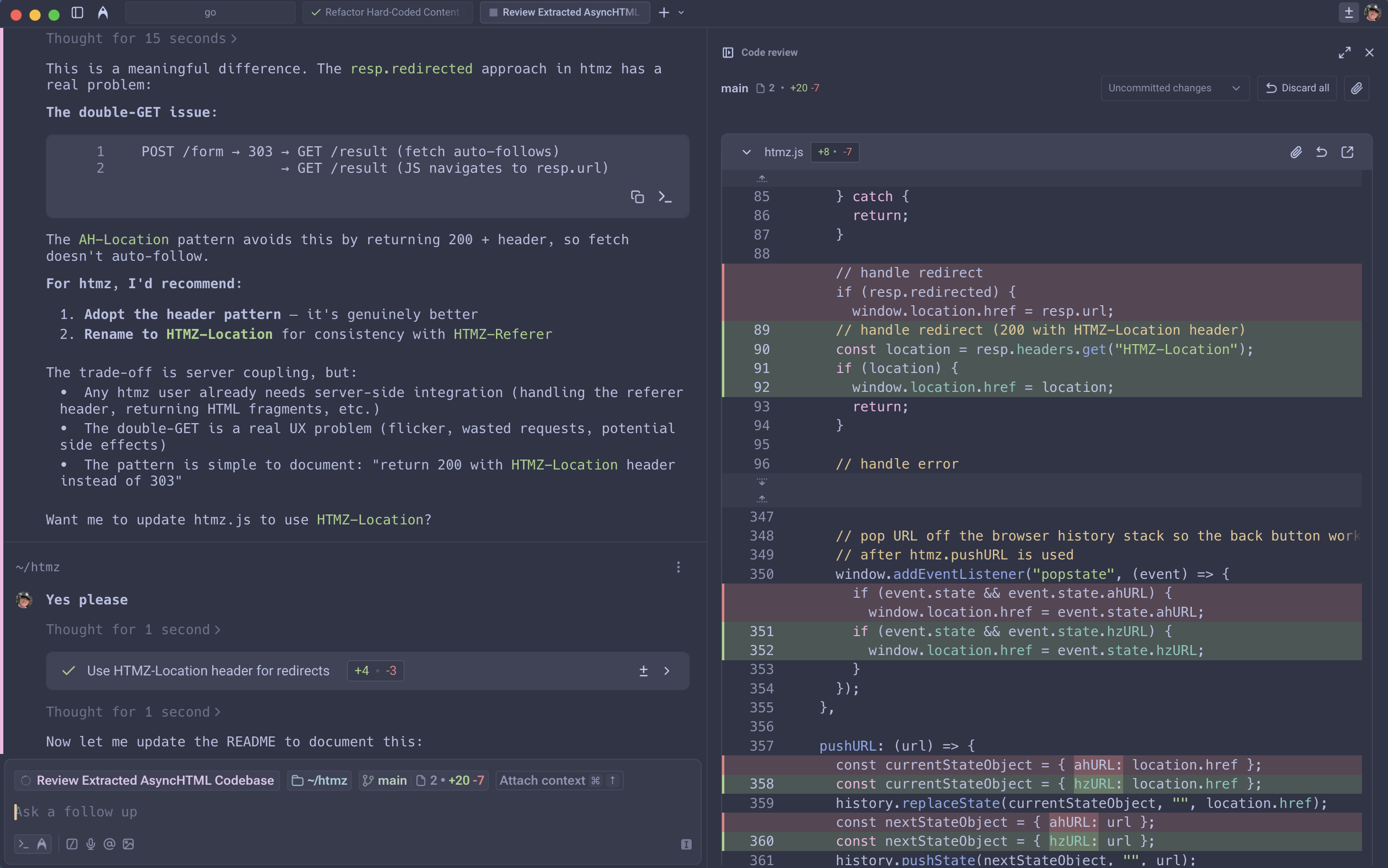 Warp AI agent and code review screenshot